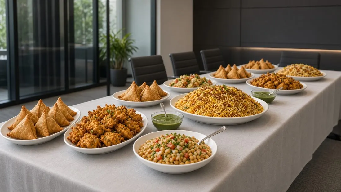 Biryani, samosas, pakoras and channa chaat laid out for a team lunch