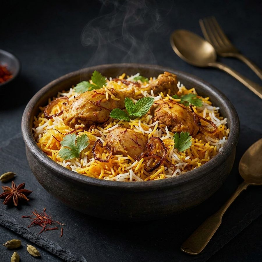 Chicken biryani layered the traditional way