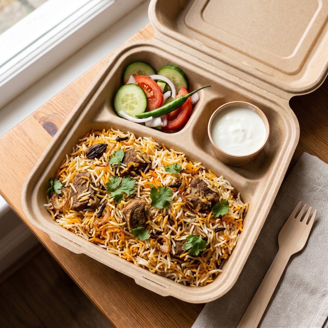 Lamb biryani with yoghurt and salad