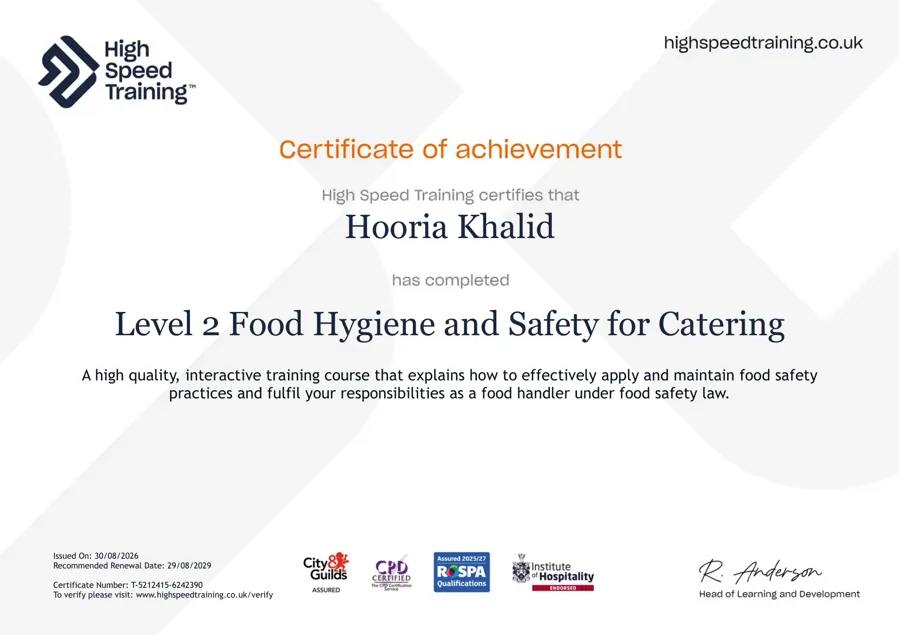 Hooria’s Level 2 Food Hygiene and Safety for Catering certificate, issued by High Speed Training.