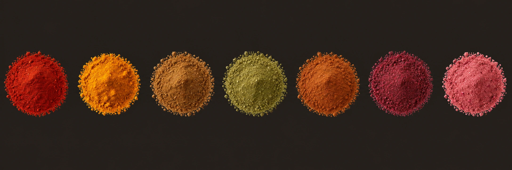 Seven spice mounds, in order: paprika red, turmeric gold, cumin brown, herb green, cinnamon, sumac deep berry and rose petal.